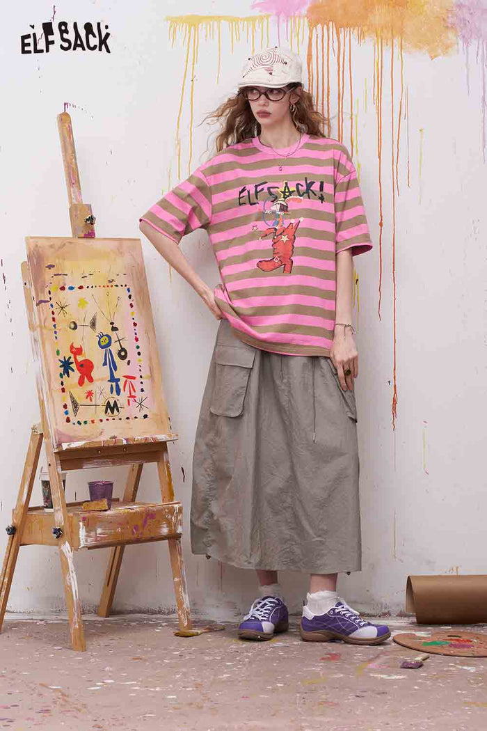 ELFSACK Striped Cartoon Print Tee