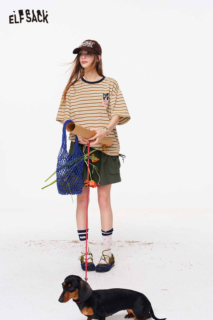 ELFSACK Striped Cat Embroidery Pocket T-Shirt