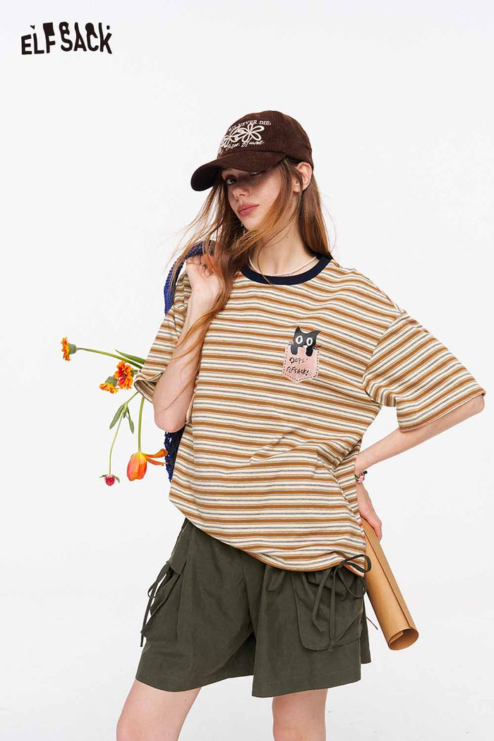 ELFSACK Striped Cat Embroidery Pocket T-Shirt