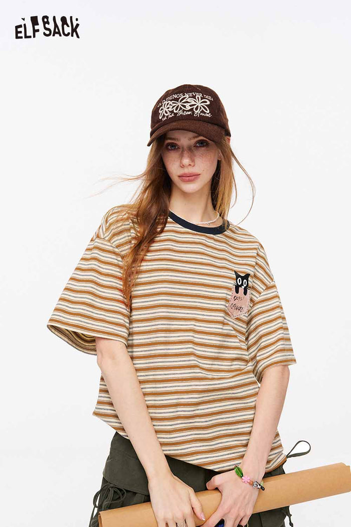 ELFSACK Striped Cat Embroidery Pocket T-Shirt