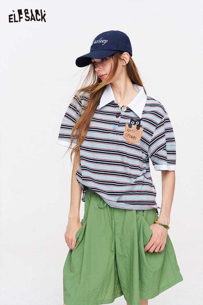ELFSACK Striped Cat Embroidery Polo T-Shirt
