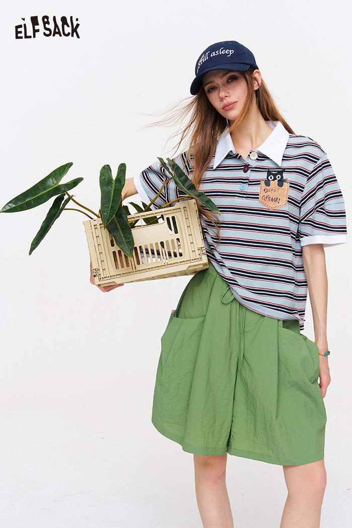ELFSACK Striped Cat Embroidery Polo T-Shirt