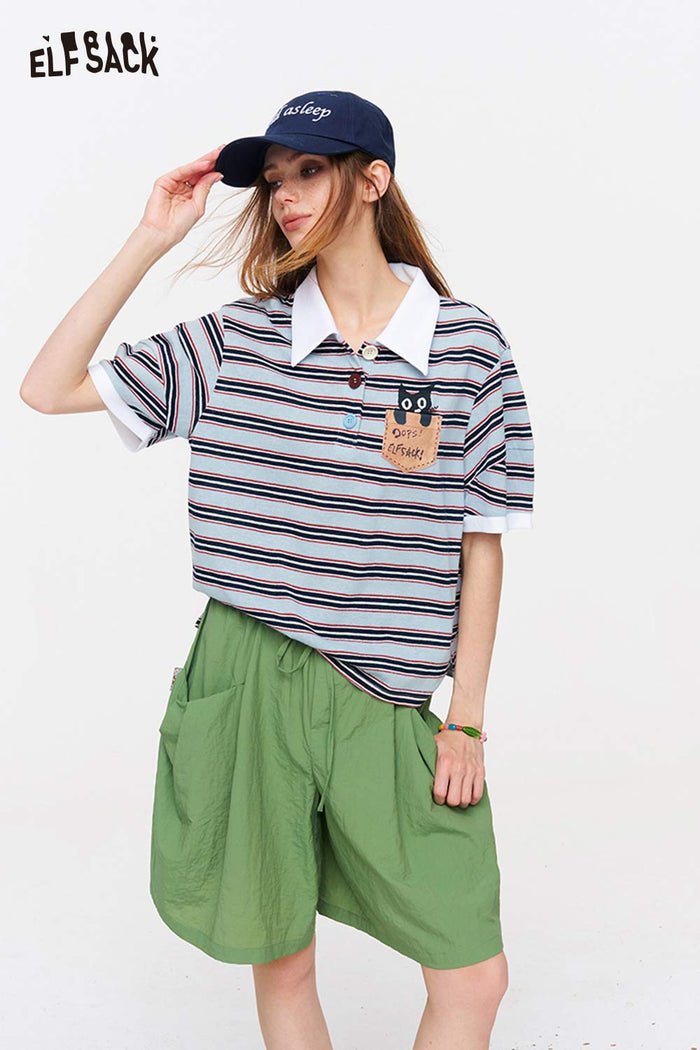 ELFSACK Striped Cat Embroidery Polo T-Shirt
