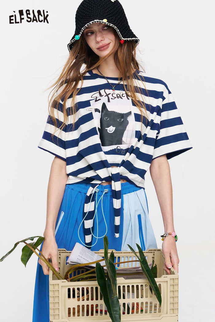 ELFSACK Striped Cat Print Tie Waist T-Shirt