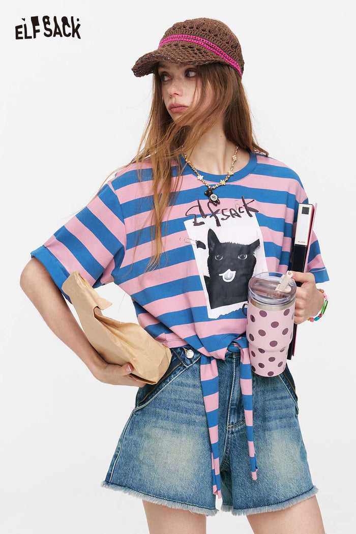 ELFSACK Striped Cat Print Tie Waist T-Shirt
