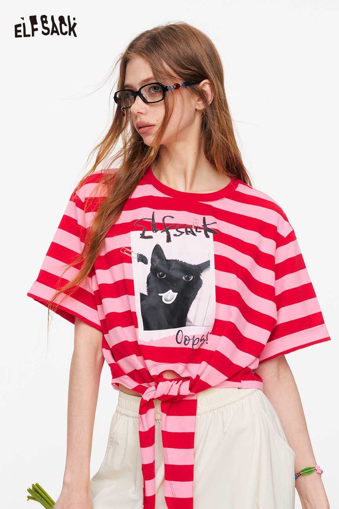 ELFSACK Striped Cat Print Tie Waist T-Shirt