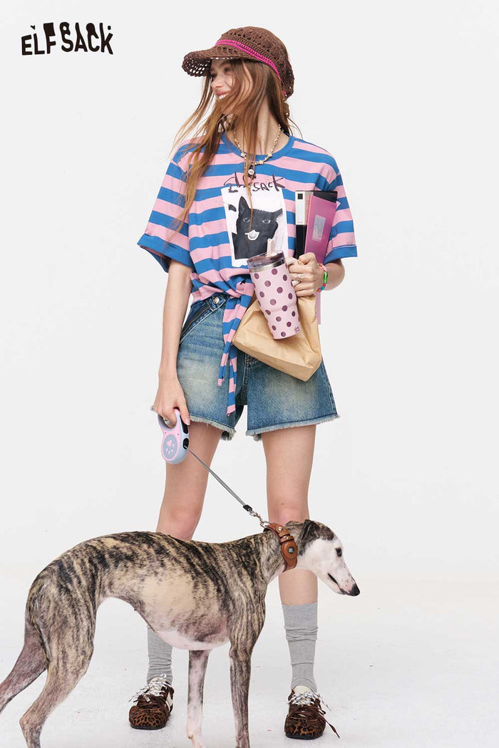 ELFSACK Striped Cat Print Tie Waist T-Shirt