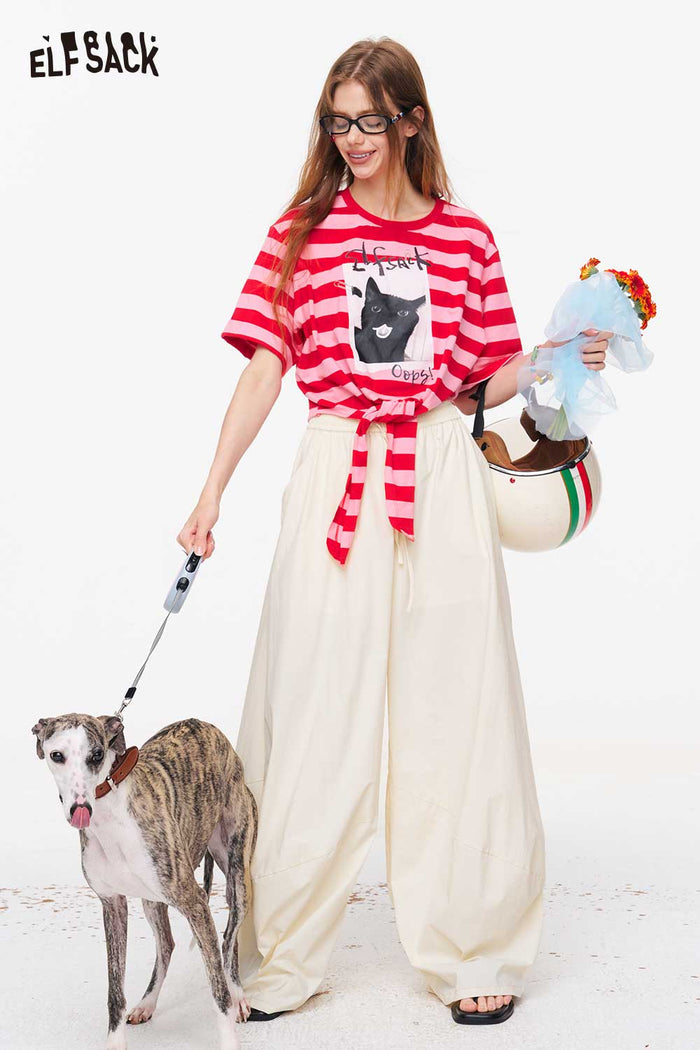 ELFSACK Striped Cat Print Tie Waist T-Shirt