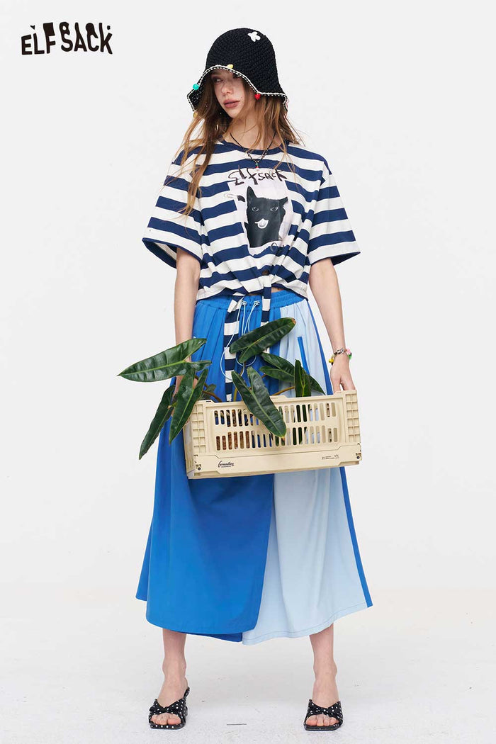 ELFSACK Striped Cat Print Tie Waist T-Shirt
