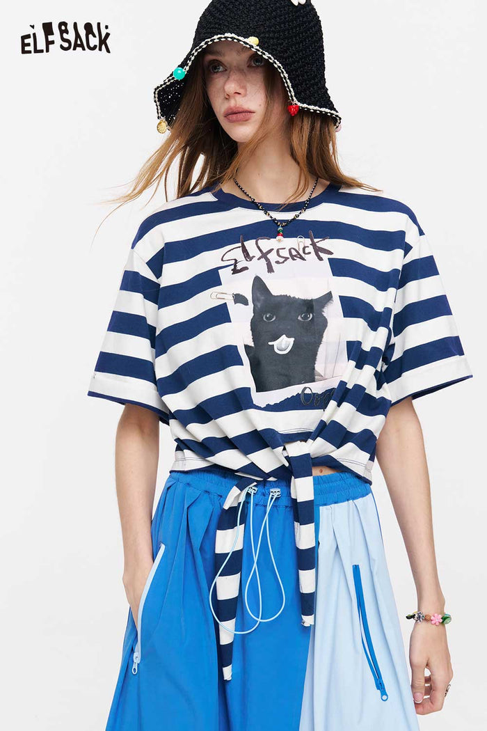 ELFSACK Striped Cat Print Tie Waist T-Shirt