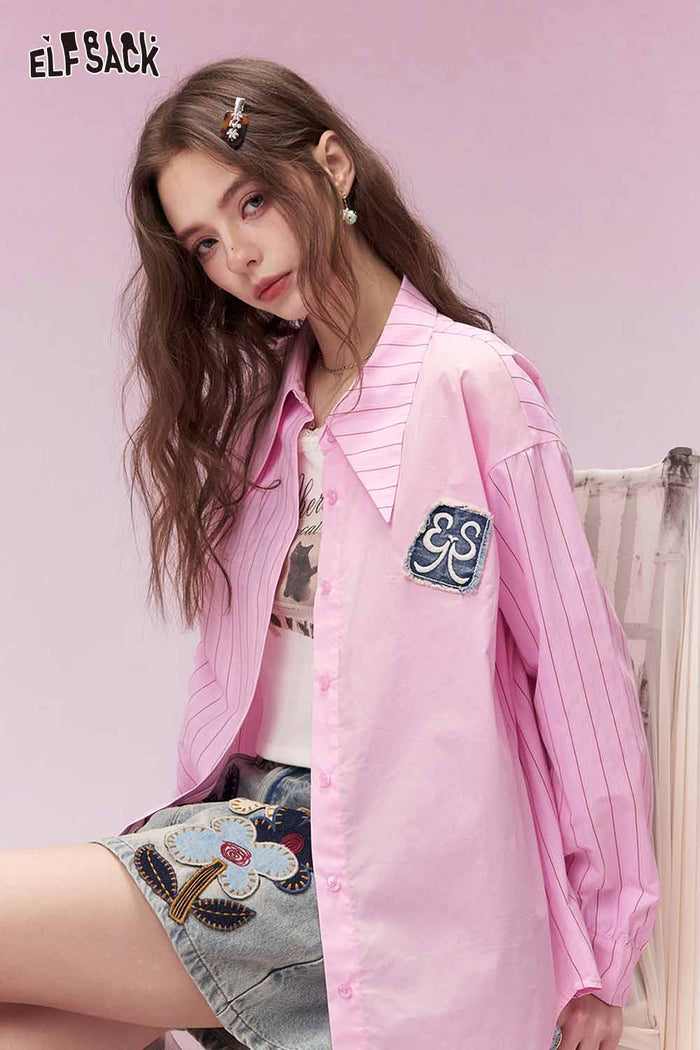 ELFSACK Striped Colorblock Shirt with Denim Patch Pocket