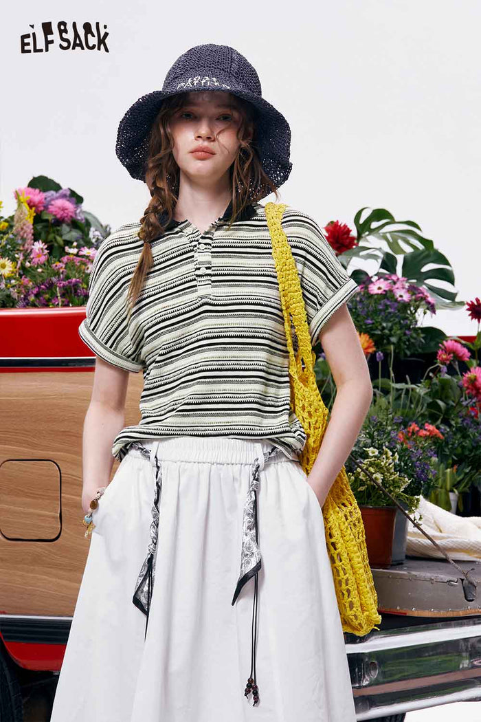 ELFSACK Striped Contrast Collar Knit Polo Shirt