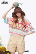 ELFSACK Striped Crochet Knit Polo Tee