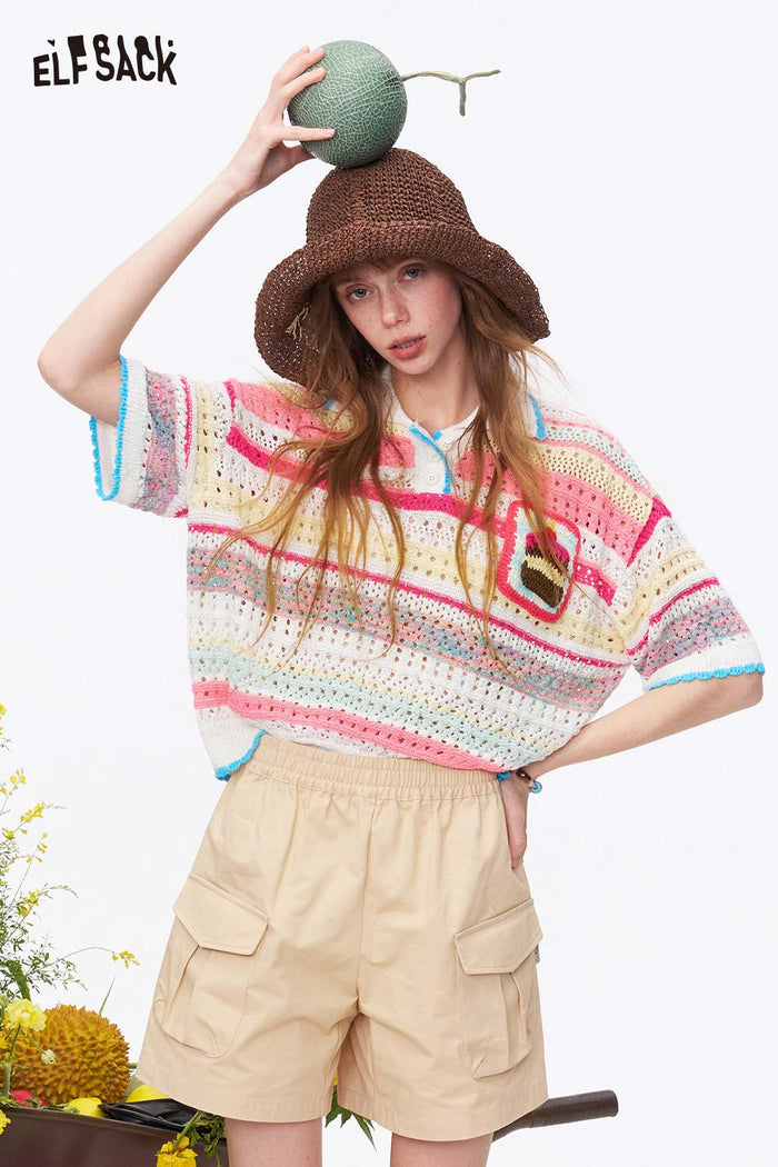 ELFSACK Striped Crochet Knit Polo Tee