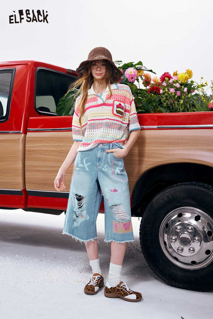 ELFSACK Striped Crochet Knit Polo Tee