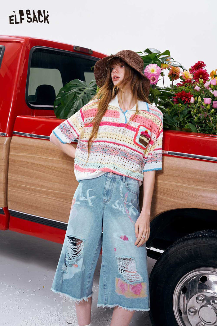 ELFSACK Striped Crochet Knit Polo Tee