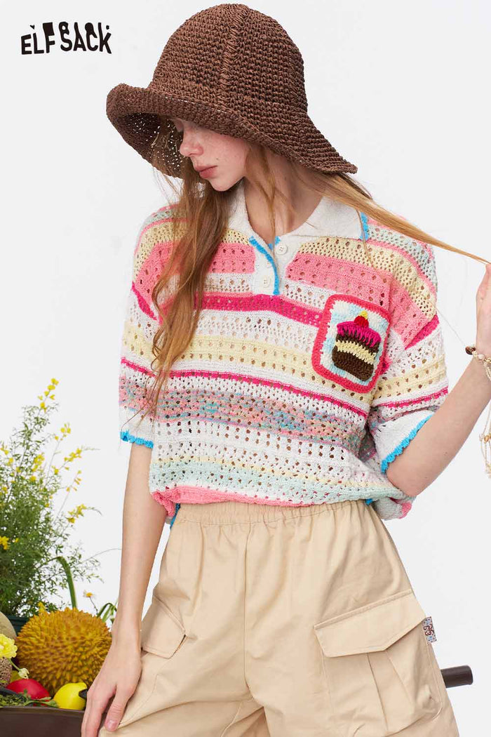 ELFSACK Striped Crochet Knit Polo Tee