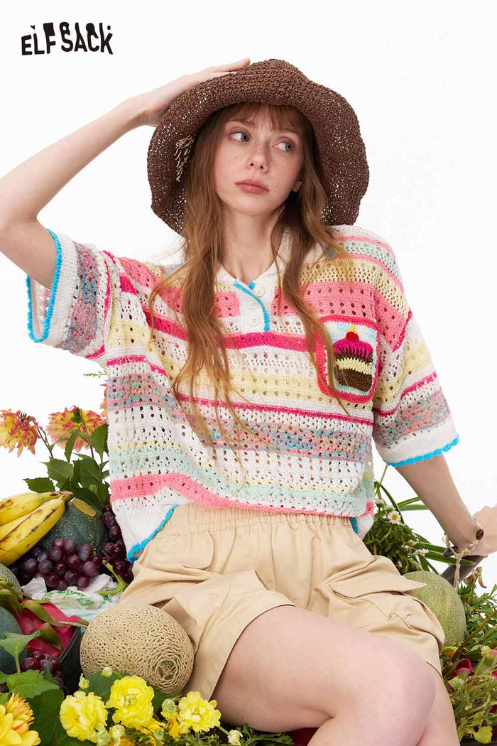 ELFSACK Striped Crochet Knit Polo Tee