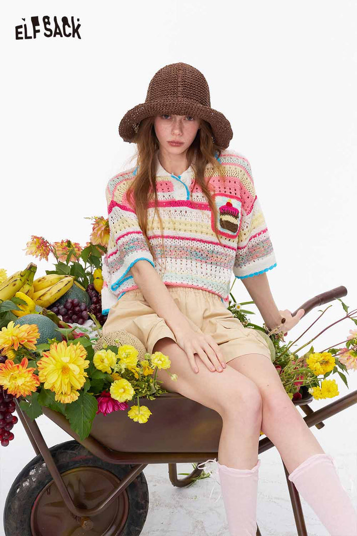 ELFSACK Striped Crochet Knit Polo Tee