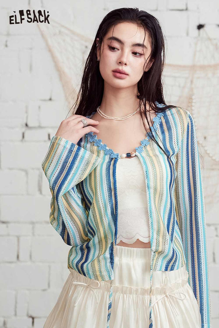 ELFSACK Striped Crochet Knit V-Neck Crop Top