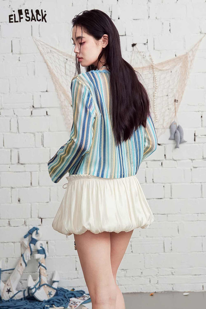 ELFSACK Striped Crochet Knit V-Neck Crop Top