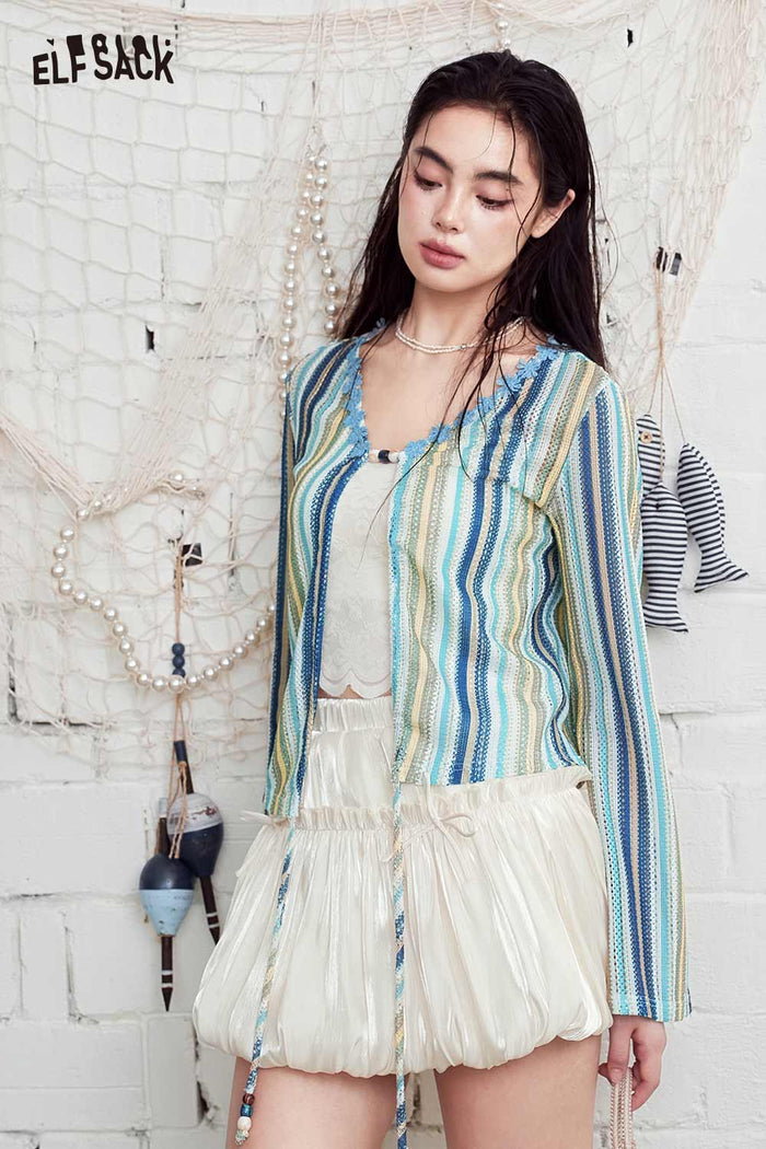 ELFSACK Striped Crochet Knit V-Neck Crop Top