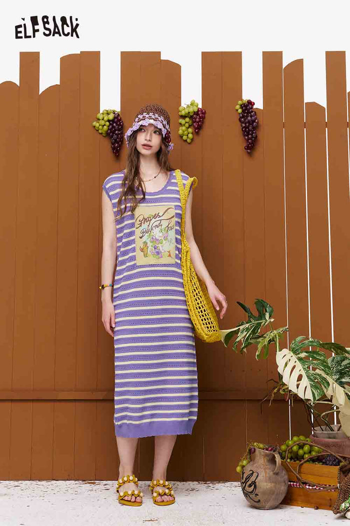ELFSACK Striped Cutout Floral Patchwork Maxi Dress