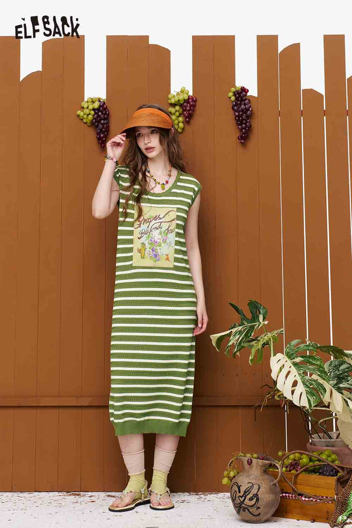 ELFSACK Striped Cutout Floral Patchwork Maxi Dress
