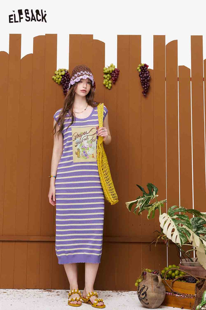 ELFSACK Striped Cutout Floral Patchwork Maxi Dress