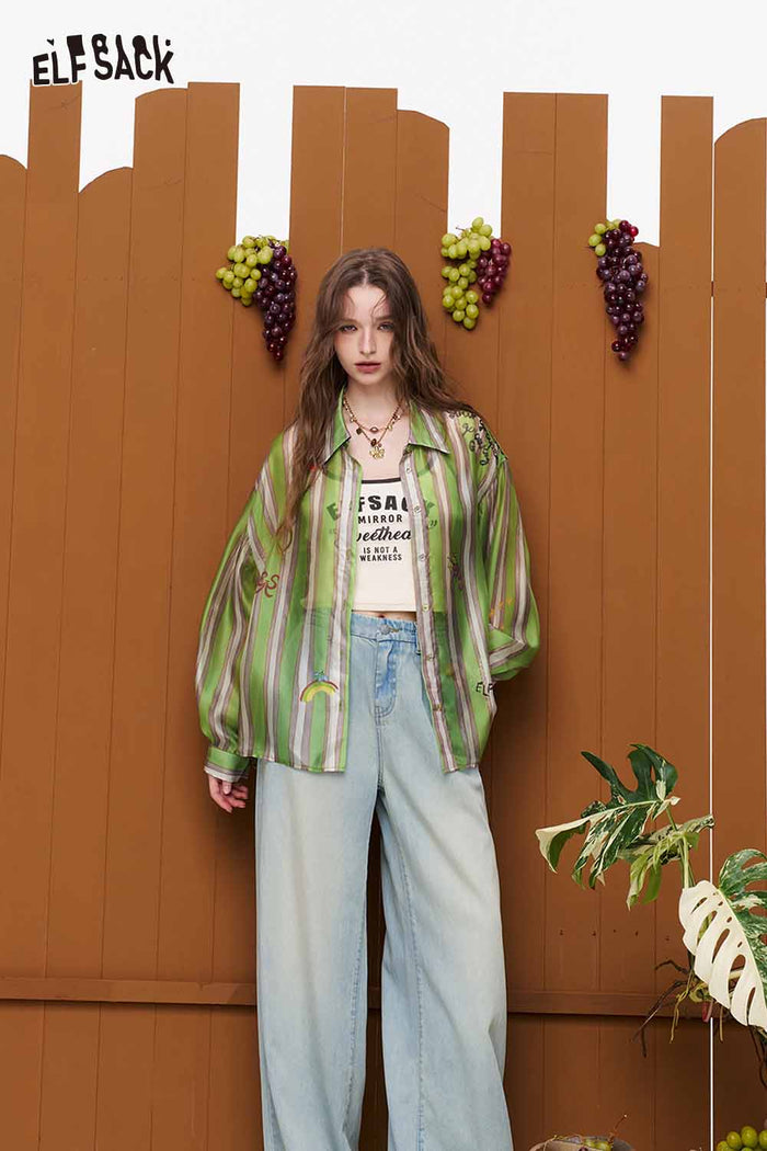 ELFSACK Striped Embroidered Long Sleeve Button-Up Shirt