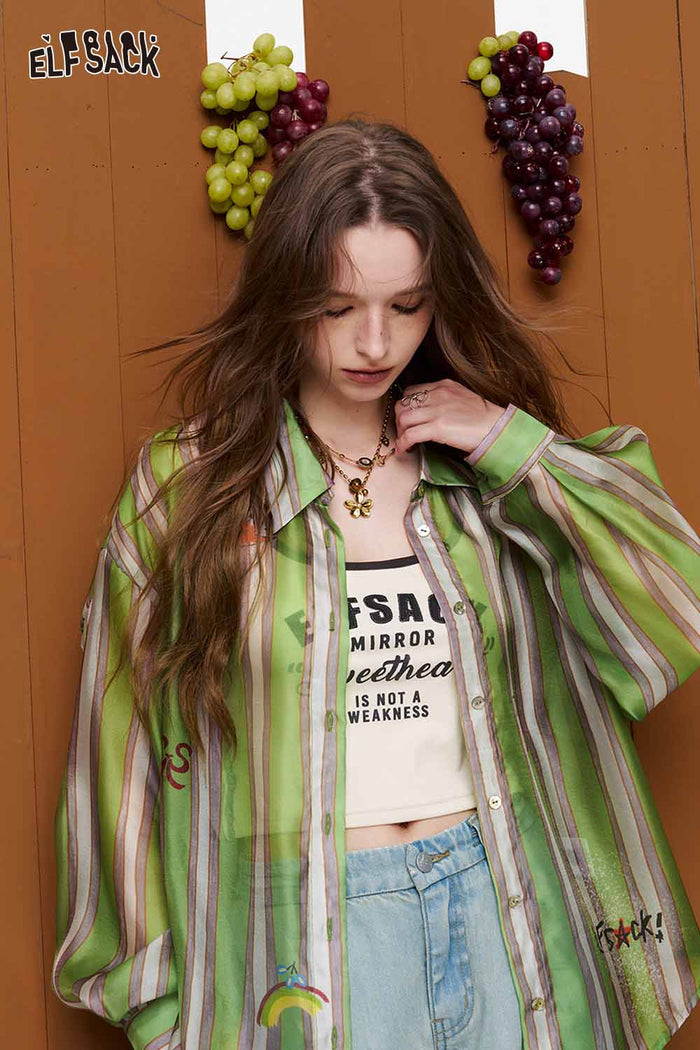 ELFSACK Striped Embroidered Long Sleeve Button-Up Shirt