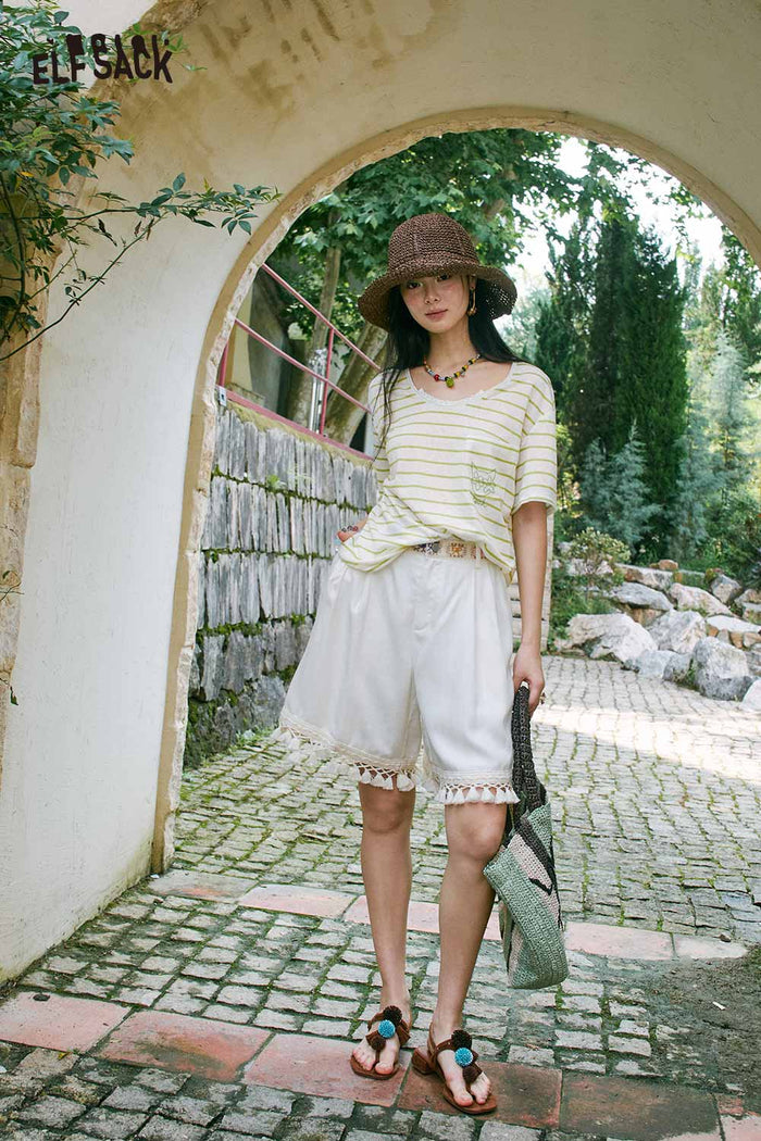 ELFSACK Striped Embroidered Pocket Tee
