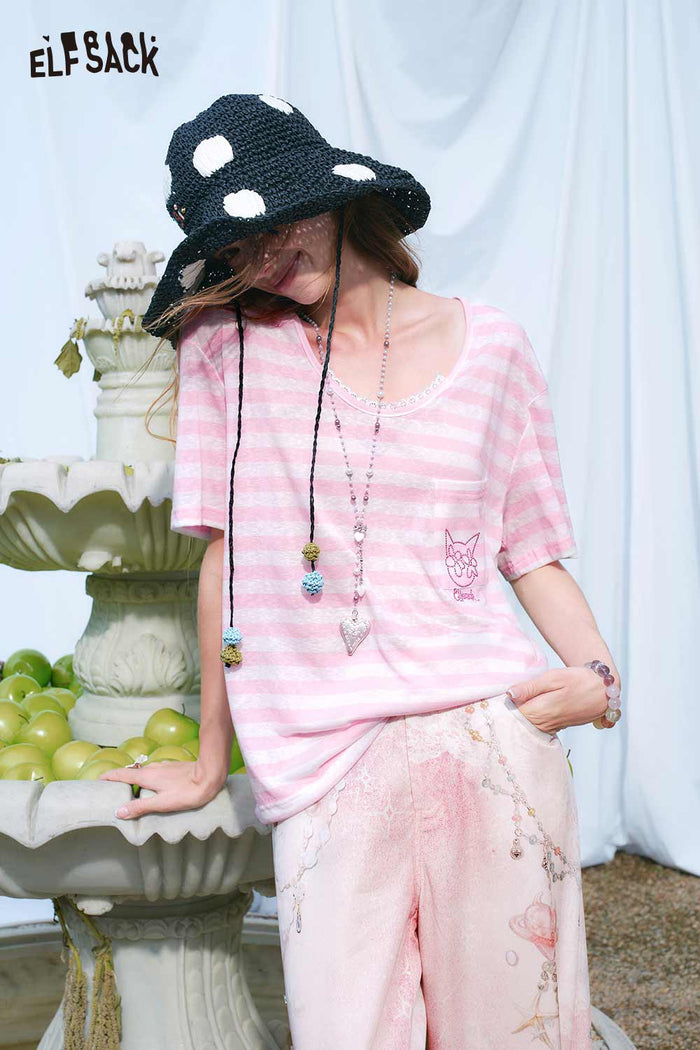 ELFSACK Striped Embroidered Pocket Tee