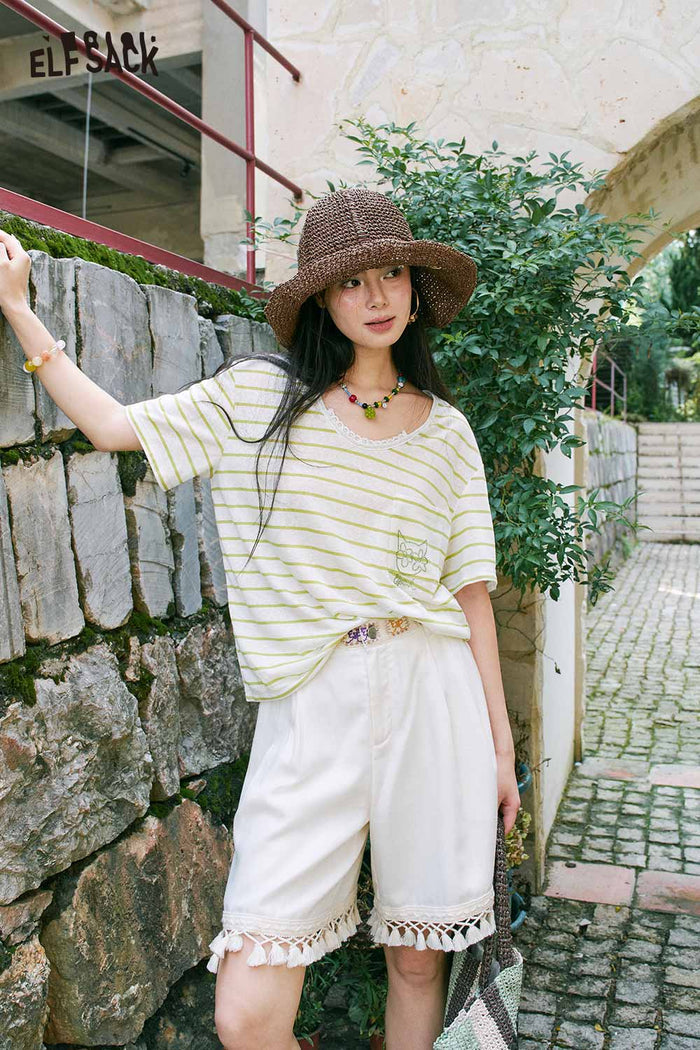 ELFSACK Striped Embroidered Pocket Tee