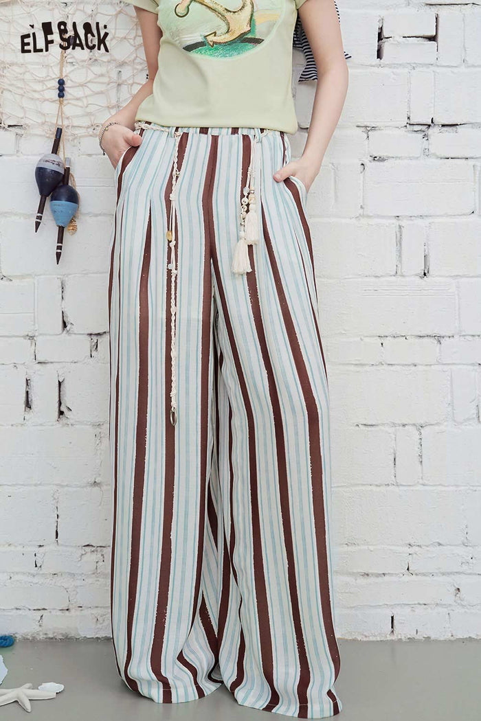ELFSACK Striped High-Waisted Flowy Wide Leg Pants