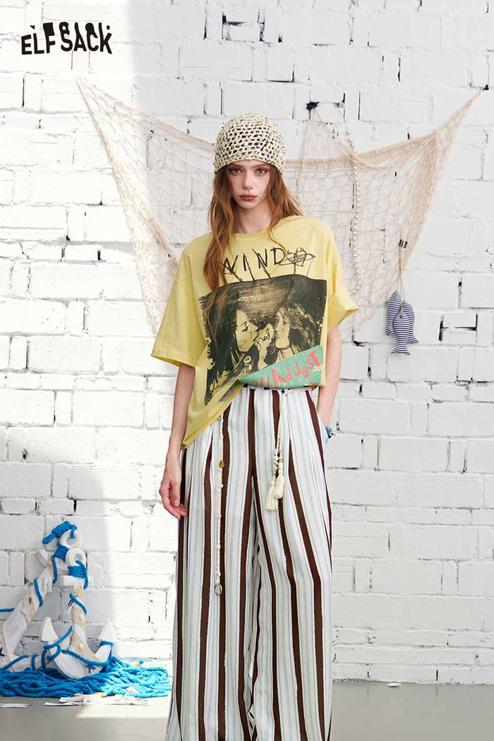 ELFSACK Striped High-Waisted Flowy Wide Leg Pants