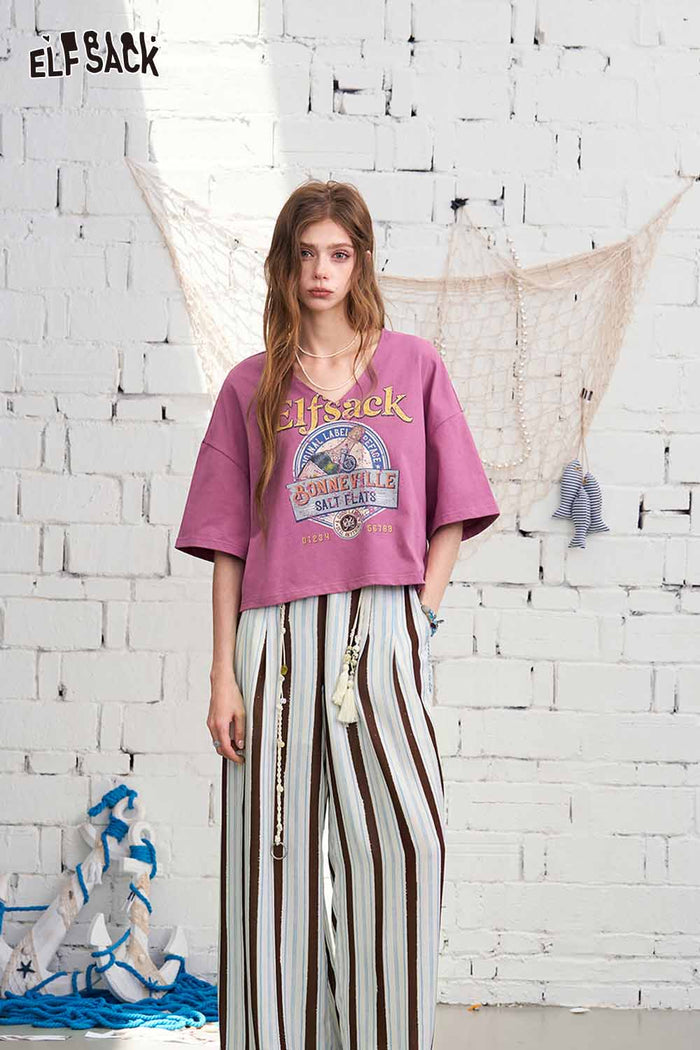 ELFSACK Striped High-Waisted Flowy Wide Leg Pants