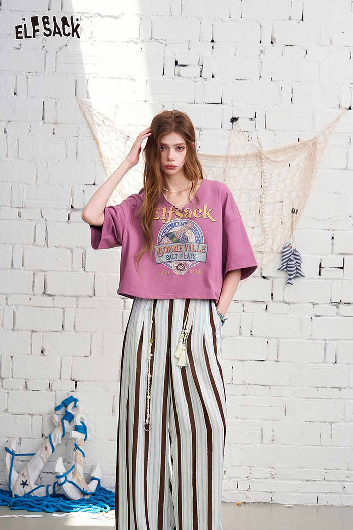 ELFSACK Striped High-Waisted Flowy Wide Leg Pants