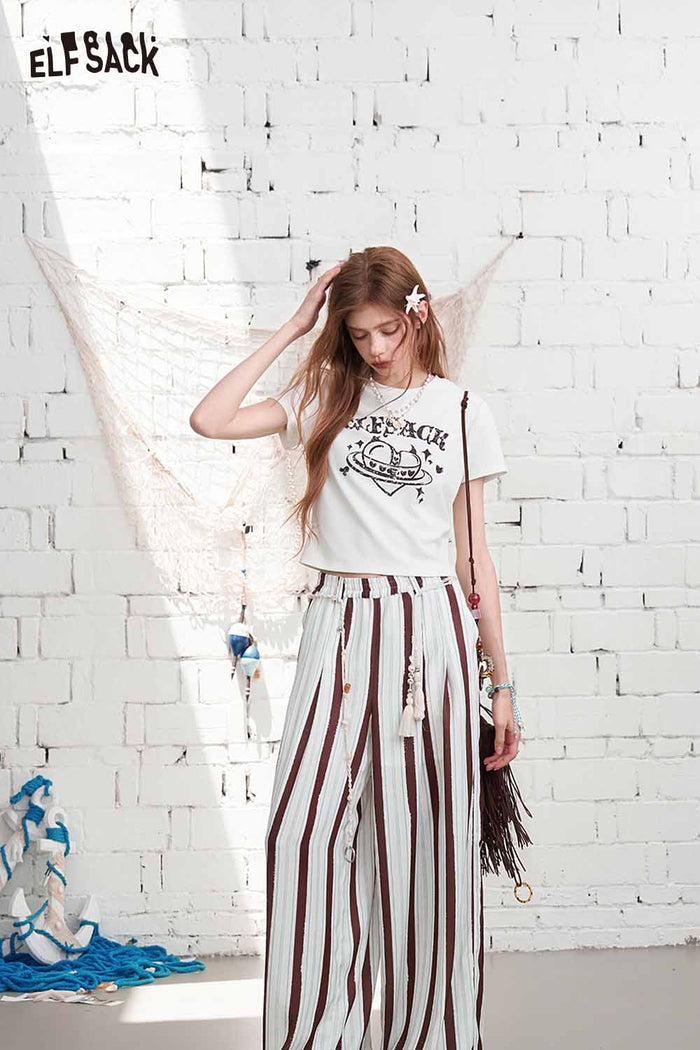 ELFSACK Striped High-Waisted Flowy Wide Leg Pants