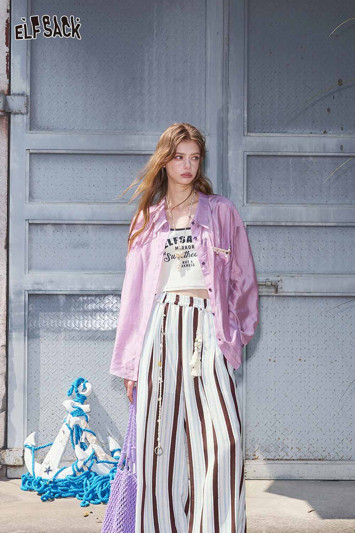 ELFSACK Striped High-Waisted Flowy Wide Leg Pants