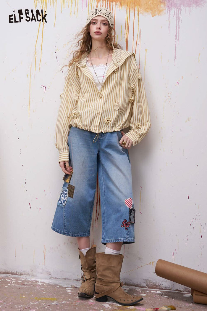 ELFSACK Striped Hooded Blouse with 3D Flowers
