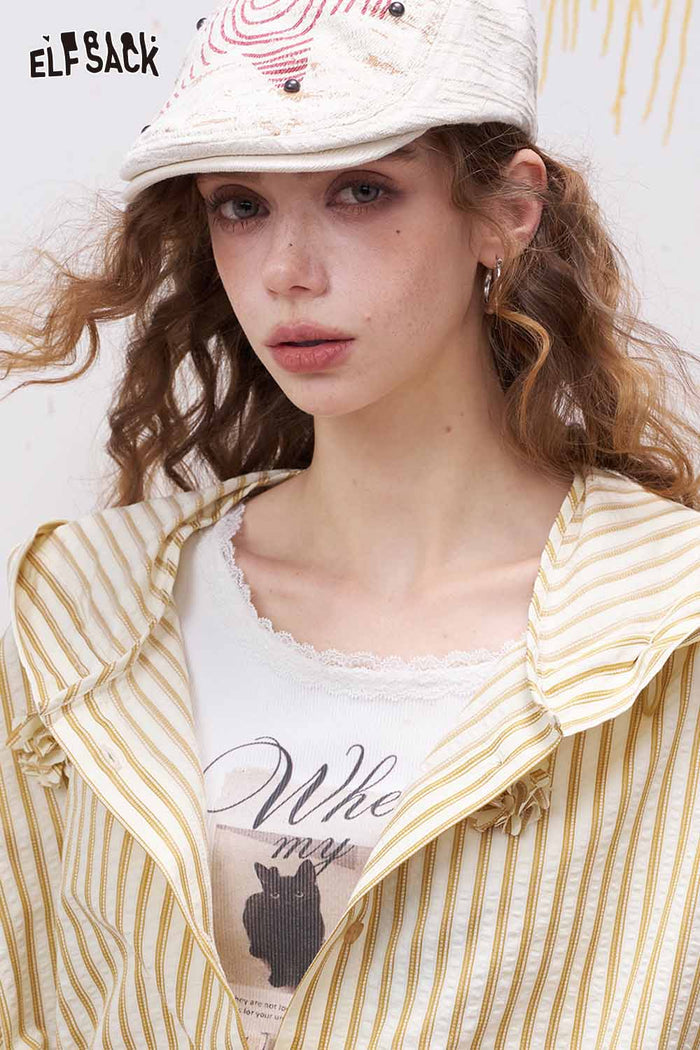 ELFSACK Striped Hooded Blouse with 3D Flowers