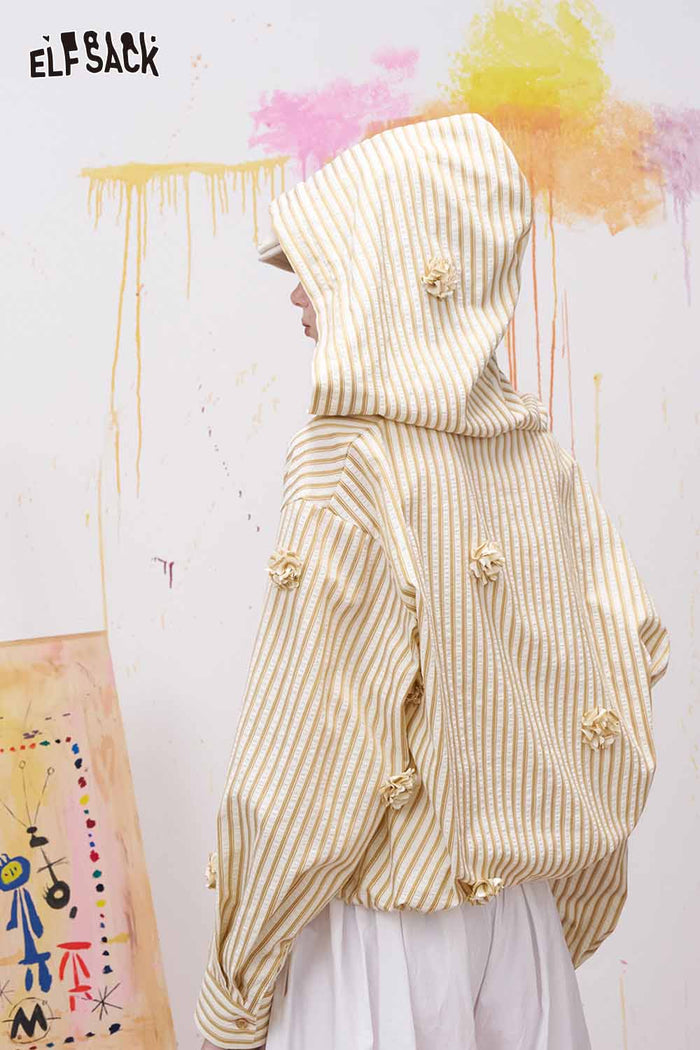 ELFSACK Striped Hooded Blouse with 3D Flowers