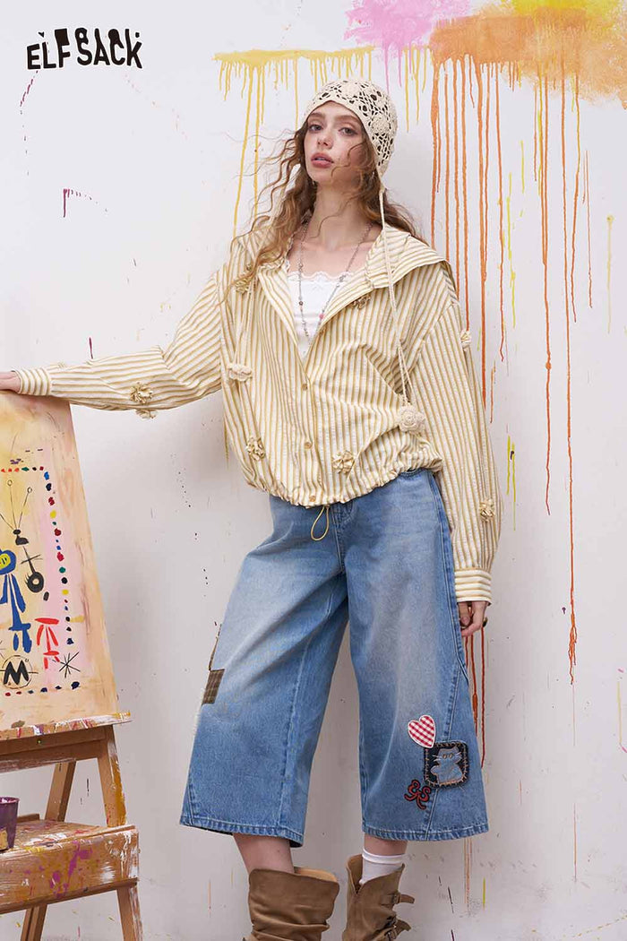 ELFSACK Striped Hooded Blouse with 3D Flowers