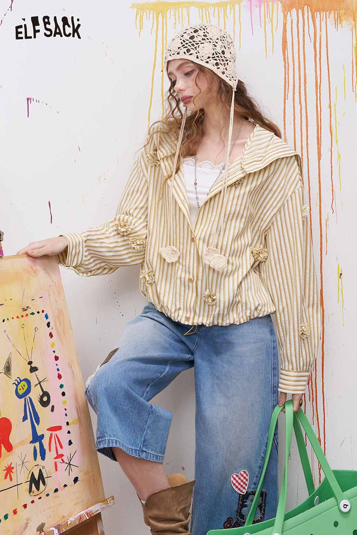 ELFSACK Striped Hooded Blouse with 3D Flowers