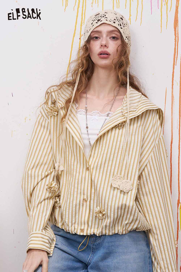 ELFSACK Striped Hooded Blouse with 3D Flowers