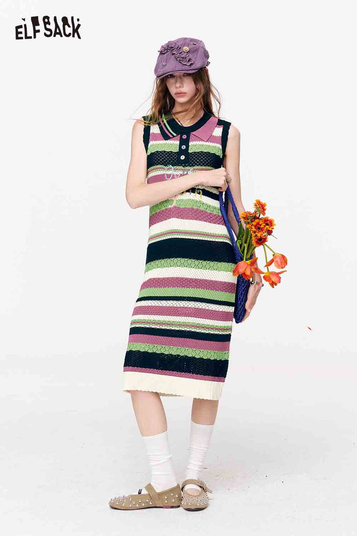 ELFSACK Striped Knit Polo Collar A-Line Midi Dress