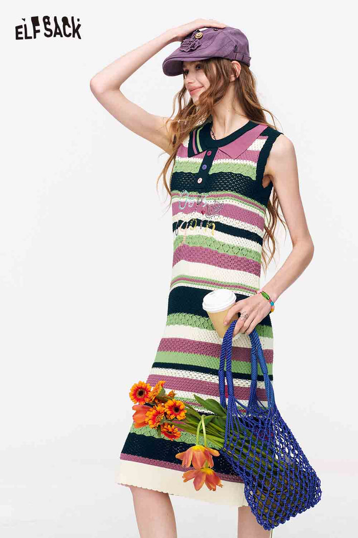 ELFSACK Striped Knit Polo Collar A-Line Midi Dress