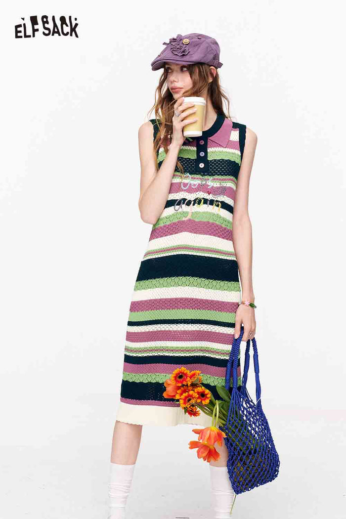 ELFSACK Striped Knit Polo Collar A-Line Midi Dress
