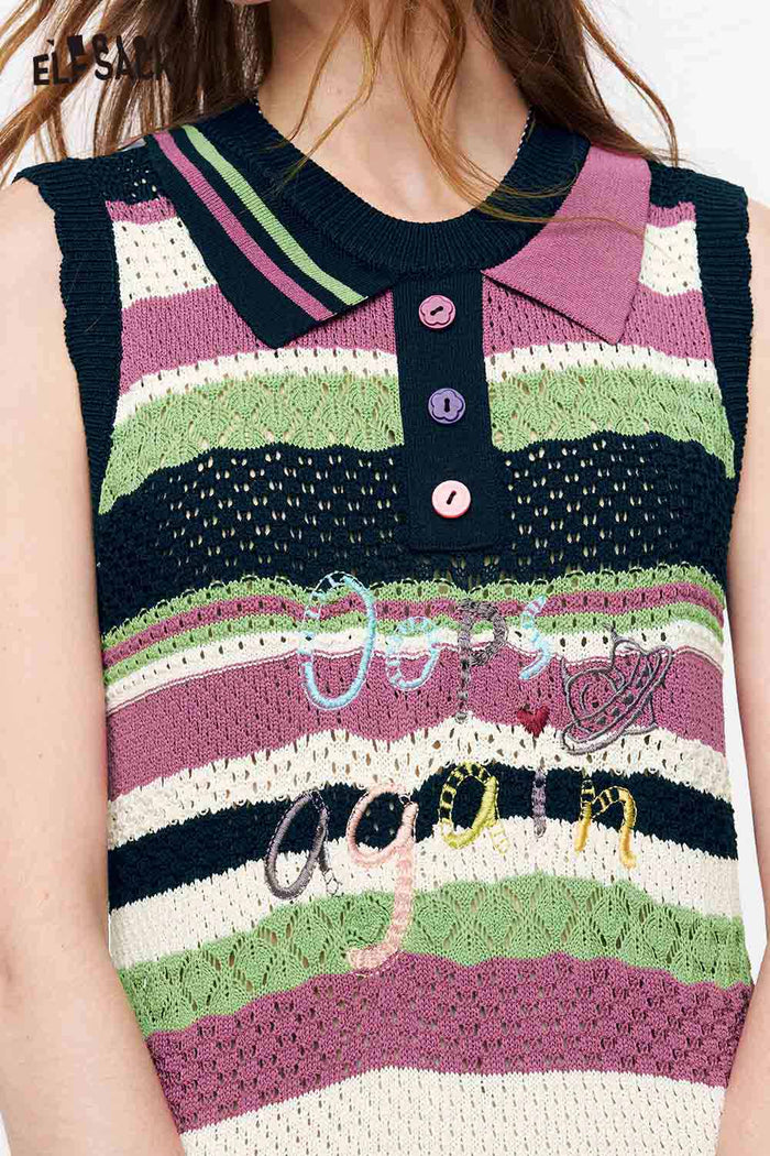 ELFSACK Striped Knit Polo Collar A-Line Midi Dress